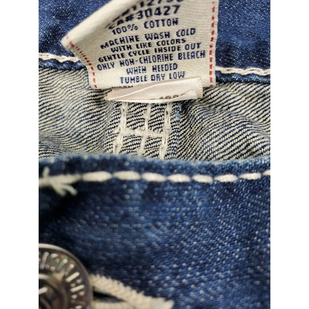 True Religion Straight Jeans Mens 38x33 Blue Big T Stitch Flap‎ Pocket USA Made